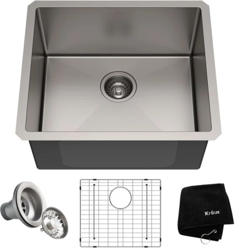 KRAUS 21" UNDERMOUNT SINGLE-BOWL KITCHEN SINK CONSTRUCTED OF STAINLESS STEEL WITH RECTANGULAR BOWL, REAR-SET DRAIN OPENING, AND COMMERCIAL-GRADE SATIN FINISH.