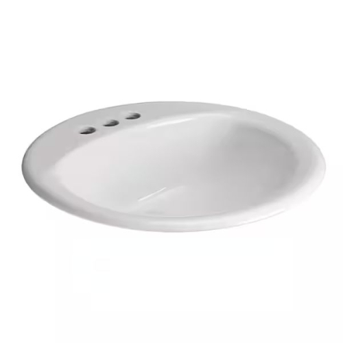 (2) GLACIER BAY DROP-IN ROUND BASIN SINK WITH BONE FINISH, FRONT OVERFLOW, THREE-HOLE FAUCET CONFIGURATION, AND 4" CENTERSET SPACING.