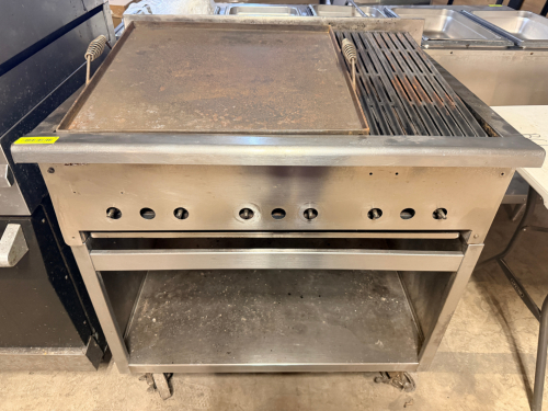 RADIANT GAS GRIDDLE AND CHARBROILER COMBINATION UNIT WITH LARGE FLAT-TOP GRIDDLE, CAST-IRON CHARBROILER GRATES, REMOVABLE GRIDDLE PLATE WITH SPRING HANDLES