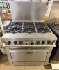 HOBART SIX-BURNER GAS RANGE WITH STANDARD OVEN BASE, HEAVY-DUTY CAST-IRON OPEN-TOP BURNER GRATES, STAINLESS STEEL FRONT, SIDES AND HIGH BACKSPLASH, INDIVIDUAL BURNER CONTROLS, OVEN TEMPERATURE CONTROL, AND REMOVABLE OVEN RACK SUPPORTS