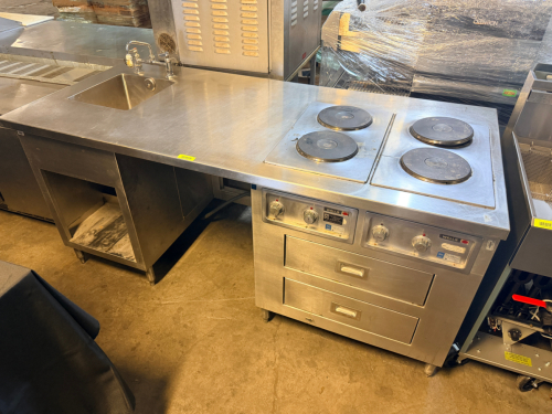 82" W X 36" STAINLESS STEEL ELECTRIC FOUR-BURNER HOTPLATE/RANGE WITH FOUR SOLID ROUND CAST-IRON HEATING ELEMENTS, INDEPENDENT TEMPERATURE CONTROLS, TWO LARGE LOWER STORAGE/WARMING DRAWERS, AND INTEGRATED STAINLESS STEEL WORKTABLE WITH DEEP SINK, FAUCET, A