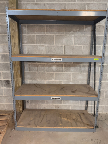 60" X 24" FOUR TIER METAL SHELF W/ COMPOSITE WOOD INSERTS.