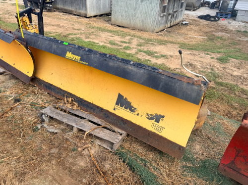 MEYER MDII PRO STRAIGHT SNOW PLOW WITH SNOW DEFLECTOR, TRIP SPRINGS, POWER ANGLING CYLINDERS, AND MOUNTING FRAME. BLADE SHOWS MODERATE SURFACE RUST AND COSMETIC WEAR CONSISTENT WITH PRIOR USE.