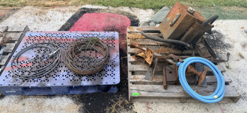 (2) PALLET OF MISC. PARTS AND STEEL CABLE.