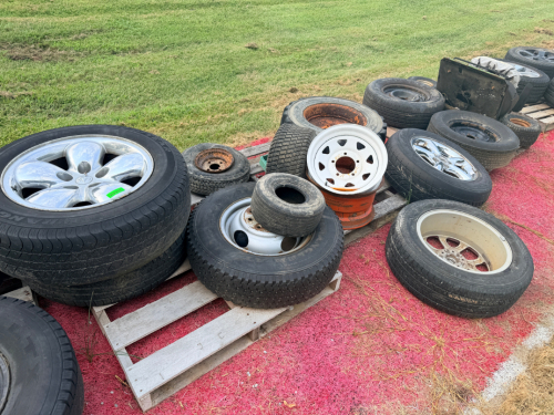 PALLET OF ASSORTED WHEELS AND TIRES.