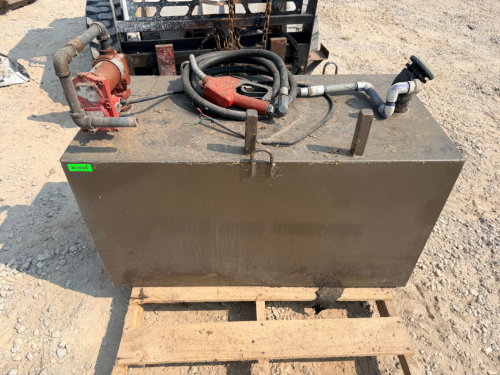 150 GALLON STEEL TRANSFER FUEL TANK WITH 12V PUMP.