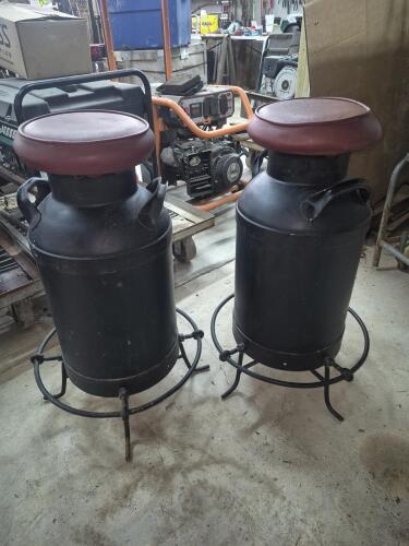(2) MILK CAN-STYLE BAR STOOLS WITH PADDED SEATS