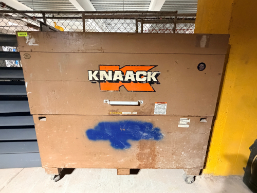 KNAACK 60" HEAVY-DUTY STEEL JOBSITE STORAGE CHEST WITH HINGED TOP LID, LARGE FRONT ACCESS PANEL, INTEGRATED STORAGE COMPARTMENT, HEAVY-GAUGE WELDED CONSTRUCTION, FORKLIFT ACCESS, CASTERS, AND WATCHMAN III LOCK SYSTEM.