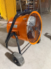 DAYTON PORTABLE INDUSTRIAL ELECTRIC FORCED-AIR HEATER WITH HIGH-OUTPUT FAN, ADJUSTABLE TILT HOUSING, PROTECTIVE FRONT GRILLE, THERMOSTATIC CONTROL, TUBULAR STEEL FRAME, AND PNEUMATIC TRANSPORT WHEELS.