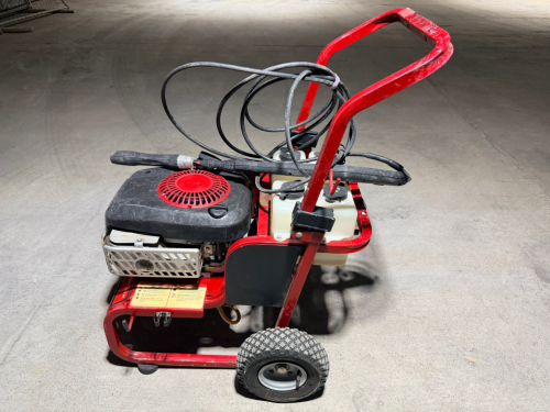 CRAFTSMAN GAS-POWERED PRESSURE WASHER WITH 2,500 PSI MAXIMUM PRESSURE, 2.5 GPM FLOW RATE, 6.75 HP ENGINE, HIGH-PRESSURE HOSE, SPRAY WAND, DUAL DETERGENT TANKS, DIAL-A-CLEANER CONTROL, AND PNEUMATIC TRANSPORT WHEELS.