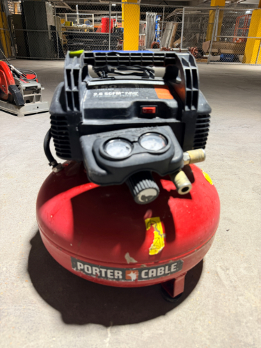 PORTER-CABLE PANCAKE AIR COMPRESSOR WITH 6-GALLON HORIZONTAL TANK, OIL-FREE PUMP, DUAL PRESSURE GAUGES, ADJUSTABLE REGULATOR, DUAL QUICK-CONNECT AIR OUTLETS