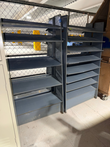 2 INDUSTRIAL STEEL SHELVING UNITS WITH OPEN-BACK CONSTRUCTION, MULTIPLE FIXED/ADJUSTABLE SHELVES, HEAVY-GAUGE STEEL UPRIGHTS