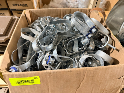 ASSORTMENT OF GALVANIZED STEEL PIPE HANGERS AND SUPPORT CLAMPS INCLUDING LOOP HANGERS AND ADJUSTABLE CLAMP-STYLE SUPPORTS WITH THREADED FASTENERS