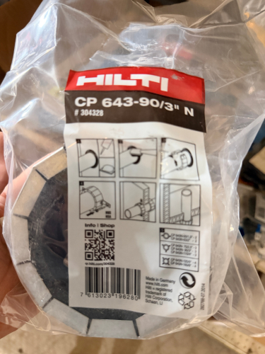 (1) LOT OF HILTI GALVANIZED STEEL FIRESTOP COLLARS FOR PIPE PENETRATIONS, FEATURING INTUMESCENT INSERTS AND INTEGRATED MOUNTING TABS.