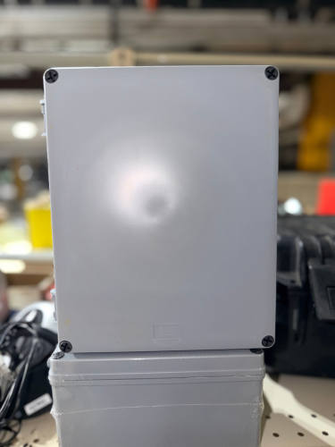 (2) GRAY NON-METALLIC ELECTRICAL JUNCTION / PROJECT ENCLOSURES WITH REMOVABLE SCREW-FASTENED COVERS.