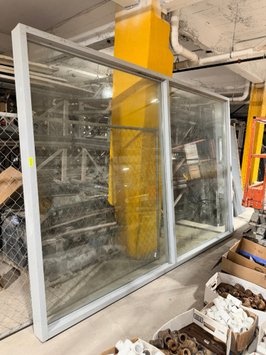 13' X 8' INSULATED GLASS WINDOW UNITS WITH OFF WHITE / GRAY METAL FRAMES AND CLEAR GLAZING.