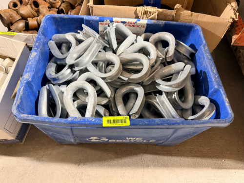 PLASTIC TOTE AND CONTENTS - HEAVY-DUTY GALVANIZED STEEL WIRE ROPE THIMBLES WITH GROOVED CHANNEL CONSTRUCTION AND OPEN-END DESIGN