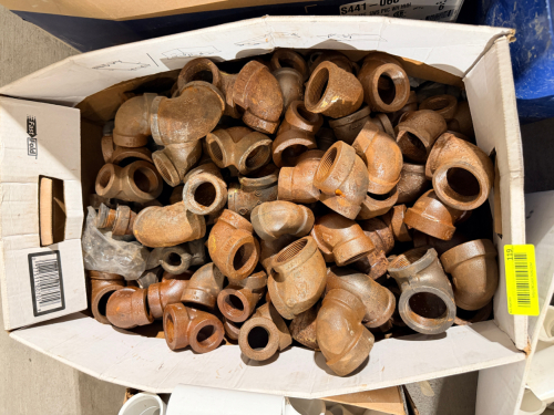 (2) BOXES OF THREADED MALLEABLE IRON PIPE FITTINGS AND STEEL PIPE NIPPLES, INCLUDING 90-DEGREE ELBOWS, TEES, COUPLINGS, REDUCING FITTINGS, BUSHINGS, AND ASSORTED THREADED NIPPLES.