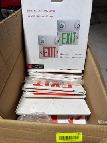 (1) ASSORTED LOT OF LED EXIT & EMERGENCY COMBO SIGNS WITH MR-16 HALOGEN LAMPS
