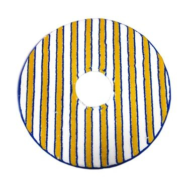 SIX 17-INCH YELLOW AND BLUE MICROFIBER MOP PADS WITH ROUND PROFILE, TEXTURED CLEANING SURFACE, AND BLUE EDGE BINDING.