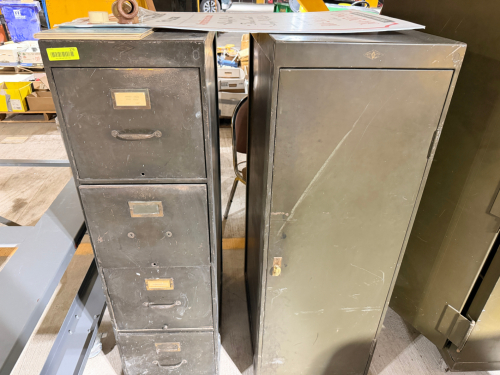 (2) VINTAGE INDUSTRIAL STEEL STORAGE CABINET AND FOUR-DRAWER VERTICAL FILING CABINET.