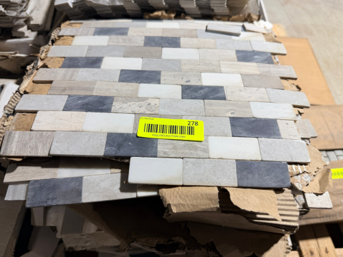 (4) BOXES OF MIXED-COLOR RECTANGULAR NATURAL STONE MOSAIC TILE SHEETS FEATURING WHITE, LIGHT GRAY, BEIGE, AND DARK GRAY STONE PIECES. 12 SHEET PER BOX. 48 SQ FT.
