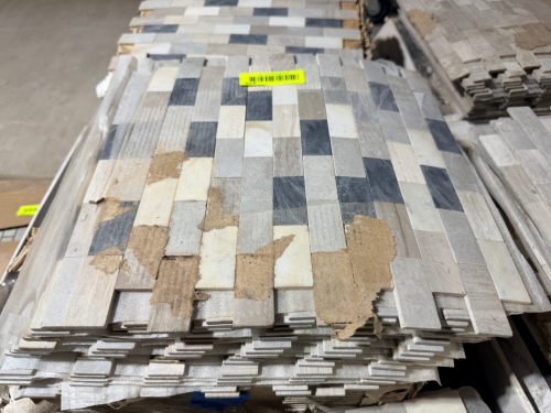 (5) BOXES OF MIXED-COLOR RECTANGULAR NATURAL STONE MOSAIC TILE SHEETS FEATURING WHITE, LIGHT GRAY, BEIGE, AND DARK GRAY STONE PIECES. 12 SHEET PER BOX. 60 SQ FT.