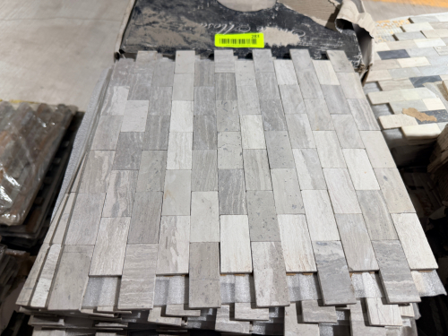 (4) BOXES OF LIGHT GRAY AND WHITE NATURAL STONE MOSAIC TILE SHEETS FEATURING RECTANGULAR PIECES ARRANGED IN A STAGGERED LINEAR PATTERN. T