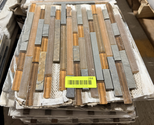 (48) SHEETS OF AND SLATE MOSAIC TILE FEATURING LINEAR RECTANGULAR PIECES IN TAN, AMBER, BROWN, GRAY, AND NATURAL STONE TONES.
