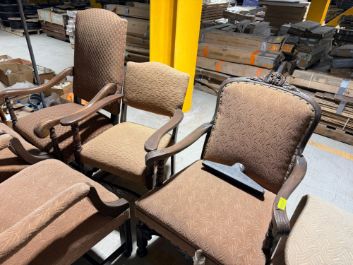 (3) ASSORTED UPHOLSTERED ARM CHAIRS AND (1) UPHOLSTERED OTTOMAN