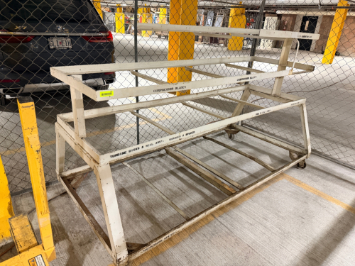 HEAVY-DUTY WELDED STEEL INDUSTRIAL PARTS STORAGE CART WITH MULTIPLE OPEN COMPARTMENTS, HORIZONTAL SUPPORT RAILS, LOWER STORAGE FRAME, AND CASTER WHEELS