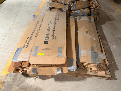 (4) BOXES OF MANNINGTON HARDWOOD FLOORING INCLUDING ASSORTED TONGUE-AND-GROOVE PREFINISHED HARDWOOD PLANKS IN A MEDIUM BROWN WOOD FINISH.