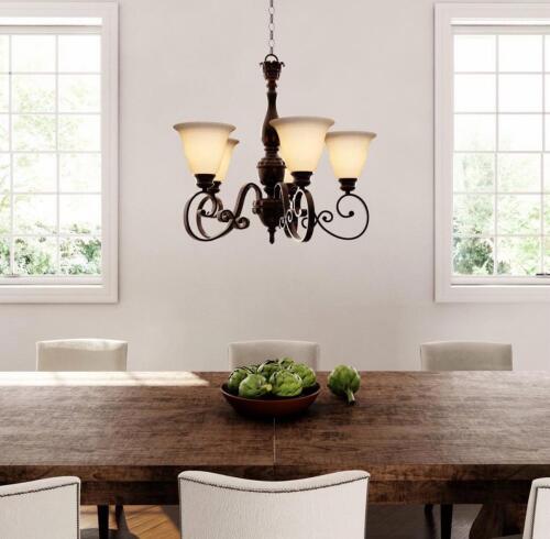 (1) 5-LIGHT CHANDELIER &ndash; AGED BRONZE WITH TEA-STAINED GLASS