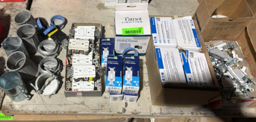 (1) ASSORTED ELECTRICAL SUPPLIES LOT &ndash; LEVITON SWITCHES, EATON DEVICES, PATRIOT LIGHTING, CONDUIT FITTINGS & HARDWARE