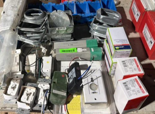(1) ASSORTED ELECTRICAL HARDWARE LOT &ndash; METAL BOXES, SWITCHES, WALL CONTROLS, CONNECTORS & MISC. COMPONENTS