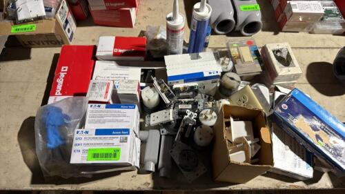 (1) ASSORTED LOT ELECTRICAL & PLUMBING SUPPLIES &ndash; LEGRAND, EATON, ARROW HART GFCI DEVICES, SWITCHES, RECEPTACLES, PVC FITTINGS, CAULK & HARDWARE