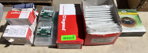 (1) ASSORTED ELECTRICAL SUPPLIES LOT &ndash; LEGRAND / PASS & SEYMOUR WALL PLATES, BOXES, FASTENERS & MISC. HARDWARE