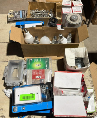 (1) ASSORTED LOT OF ELECTRICAL & LIGHTING SUPPLIES &ndash; LED BULBS, LUTRON CONTROLS, DEVICE COVERS, FITTINGS & HARDWARE
