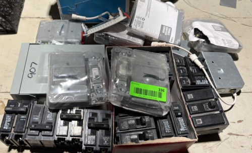 (1) ASSORTED LOT OF ELECTRICAL BREAKERS, SWITCHES, CONTROL MODULES, METAL BOXES & WIRING COMPONENTS