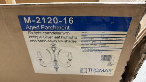 (1) 6-LIGHT CHANDELIER &ndash; AGED PARCHMENT FINISH &ndash; ANTIQUE SILVER LEAF ACCENTS &ndash; SILK SHADES &ndash; 37" WIDE