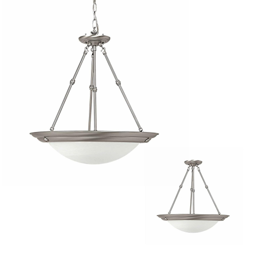 THREE-LIGHT BOWL PENDANT FIXTURE WITH SUSPENDED FRAME, DECORATIVE SUPPORT ARMS, ROUND CEILING CANOPY, AND BOWL-SHAPED GLASS SHADE.