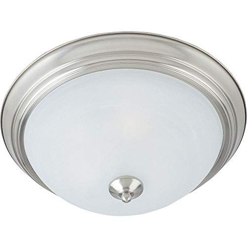(2) FLUSH-MOUNT CEILING LIGHT FIXTURE WITH SATIN NICKEL FINISH, ROUND STEPPED METAL TRIM, AND FROSTED GLASS DOME SHADE.