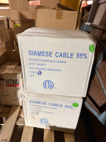 (2) 1000-FOOT SPOOL OF 95% SIAMESE COMBINATION CABLE CONSISTING OF RG59U 20 AWG COAXIAL CABLE WITH TWO 18 AWG CONDUCTORS.