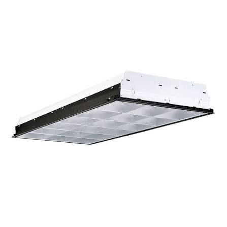 COMMERCIAL 3-FOOT PARABOLIC FLUORESCENT TROFFER LIGHT FIXTURE WITH 2 X 4 LAMP CONFIGURATION AND 18-CELL PARABOLIC LOUVER.
