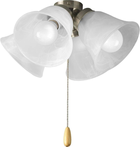 (5) BRUSHED NICKEL FOUR-LIGHT CEILING FAN LIGHT KIT WITH FOUR INDIVIDUAL SHADE HOUSINGS AND PULL-CHAIN SWITCH.