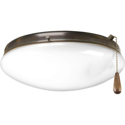 (5) ANTIQUE BRONZE CEILING LIGHT FIXTURE WITH ROUND LOW-PROFILE HOUSING, FROSTED DIFFUSER, AND PULL CHAIN.