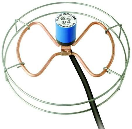 SINKING TANK DE-ICER WITH METAL PROTECTIVE CAGE, SUBMERSIBLE HEATING ELEMENT, THERMOSTATIC CONTROL, AND ATTACHED POWER CORD.