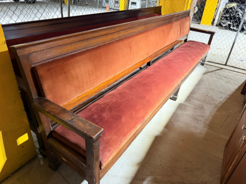 (2) 11' HARDWOOD CHURCH PEWS WITH CRUSH VELVET UPHOLSTERY