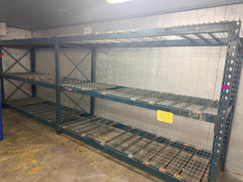 (2) 10' X 42" SECTIONS OF HEAVY-DUTY STEEL INDUSTRIAL SHELVING WITH THREE WIRE DECK LEVELS PER SECTION. INCLUDES STEEL UPRIGHTS, HORIZONTAL BEAMS, CROSS BRACING, AND REMOVABLE WIRE DECKING.