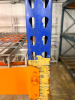 (2) 8' X 42" SECTIONS OF HEAVY-DUTY STEEL PALLET RACKING WITH ORANGE HORIZONTAL LOAD BEAMS, BLUE STEEL UPRIGHTS, AND WIRE DECKING. EACH SECTION INCLUDES TWO ELEVATED STORAGE LEVELS WITH WIRE DECK PANELS. - 3